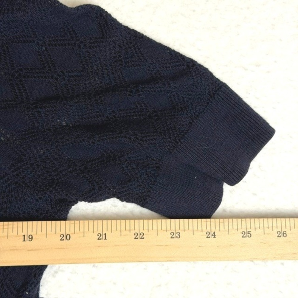 Talbots Navy Blue Pointelle Knit Short Sleeve Button Front Cardigan Sweater L - Picture 6 of 7
